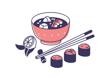 Asian soup bowl and sushi rolls, Japanese gunkan maki. Japan meal, traditional Asia cuisine, dishes, food served with chopsticks. Flat graphic vector illustration isolated on white backgroundのイラスト素材