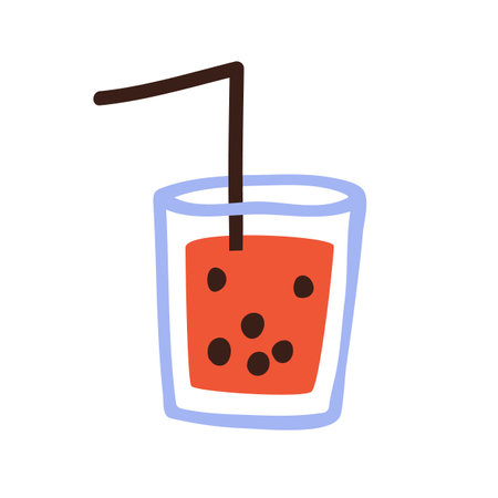 Bubble tea in glass with straw, refreshing summer drink. Cold beverage in simple cute doodle style. Lemonade, kids childlike drawing. Childish flat vector illustration isolated on white backgroundのイラスト素材