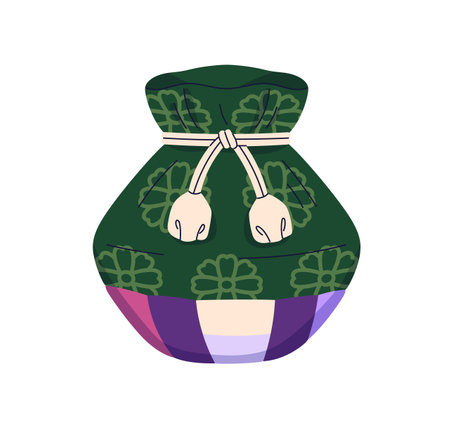 Korean lucky bag. Money gift pouch for Asian lunar holiday. Fortune purse for good luck, prosperity. Korea bokjumeoni, traditional charm. Flat graphic vector illustration isolated on white backgroundのイラスト素材