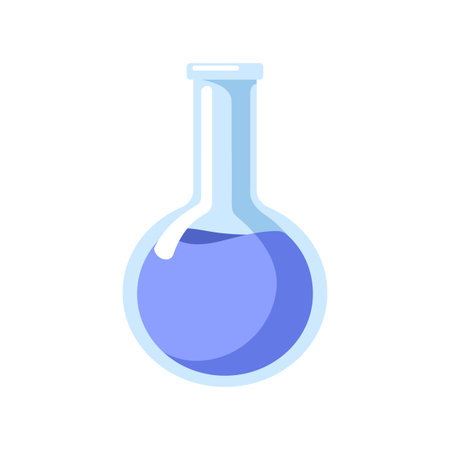 Laboratory flask with chemical liquid. Round-bottom lab glassware for chemistry, science experiment. Glass ware for scientific research. Flat cartoon vector illustration isolated on white backgroundのイラスト素材