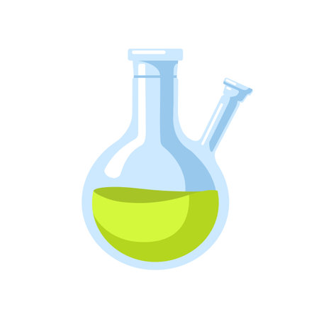 Lab flask with sidearm. Chemical laboratory glass vessel for chemistry, science experiments. Round-bottom glassware with spout, side arm. Flat cartoon vector illustration isolated on white backgroundのイラスト素材