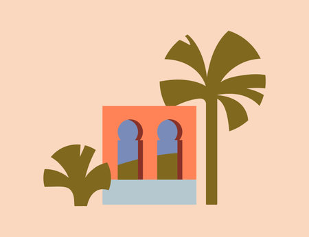 Morocco architecture card. Moroccan Berber culture. Marrakech and Medina style postcard. Traditional Arab historic arc windows, buildings, tropical palm trees. Maroc flat vector illustrationのイラスト素材