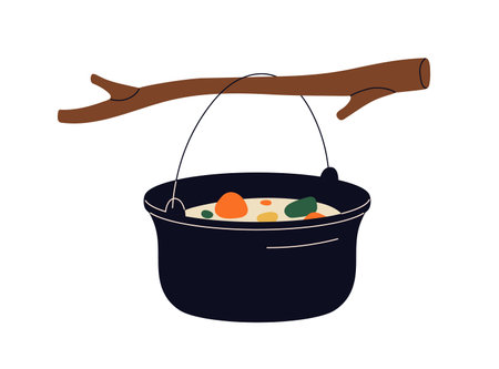 Camping pot hanging on branch, cooking soup outdoors. Stewed vegetables, meal preparation in touristic cauldron for picnic outside, cookout. Flat vector illustration isolated on white backgroundのイラスト素材