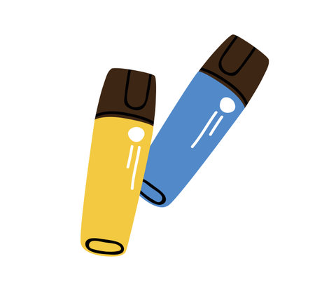 Text highlighter, marker, highlighting tool for marking, drawing, writing in color. Felt-tip pen, stationery for emphasizing and underlining. Flat vector illustration isolated on white backgroundのイラスト素材