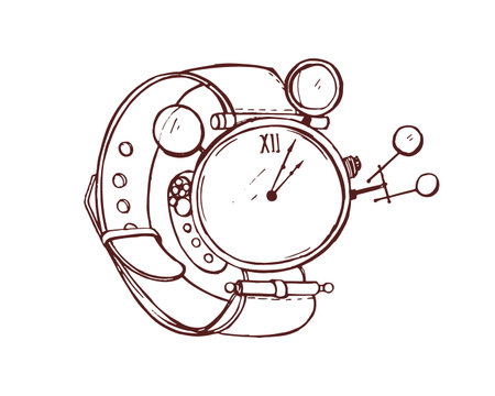 Steampunk vintage watch, wrist clock. Mechanical wristwatch in retro industrial Victorian style. Clockwork with steam-punk gear and technology. Drawn vector illustration isolated on white backgroundのイラスト素材