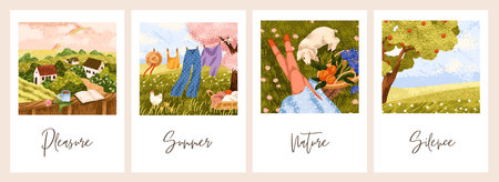 Summer holiday countryside, nature card designs. Serene rural landscapes in cute cottagecore aesthetics, sunny day in village, country. Postcard backgrounds set. Flat graphic vector illustrationsのイラスト素材