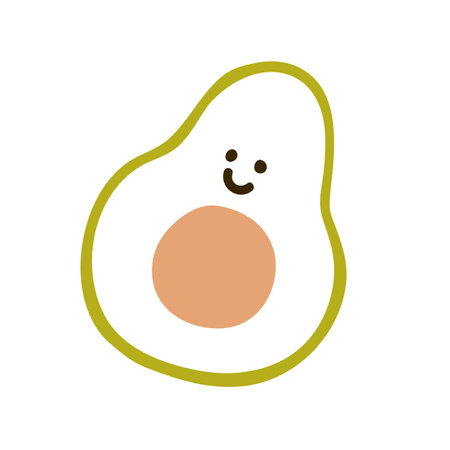 Cute funny avocado, fruit character in simple kids doodle style. Kawaii comic vegetable smiling, happy playful food. Outlined drawing, childish flat vector illustration isolated on white backgroundのイラスト素材