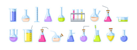 Laboratory glassware set. Flasks, beakers and test tubes. Different chemical glass containers for science experiments. Chemistry lab equipment. Flat vector illustration isolated on white backgroundのイラスト素材