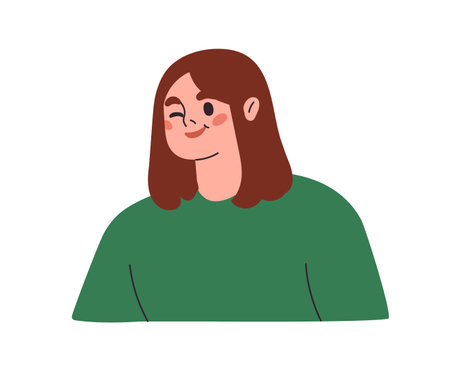 Woman winking with happy playful smile. Girl portrait, looking with cute face expression, funny emotion, head avatar. Young female character. Flat vector illustration isolated on white backgroundのイラスト素材