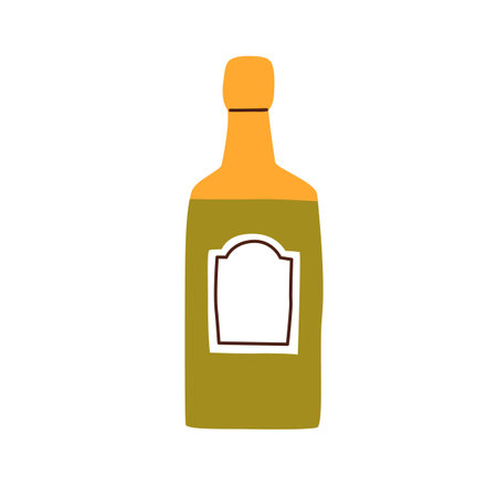 Champagne bottle, corked sealed fizzy alcohol. Sparkling wine, alcoholic beverage in modern doodle style. Holiday champaign icon. Flat graphic vector illustration isolated on white backgroundのイラスト素材