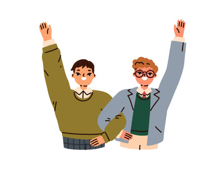 Happy school students celebrating together, arms up in joy. Excited boys friends, classmates. Smiling children greeting with hands. Flat graphic vector illustration isolated on white backgroundのイラスト素材