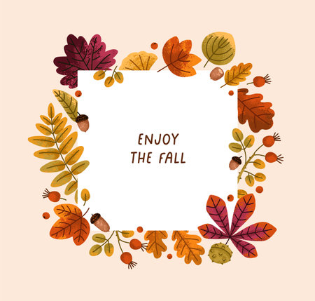 Fall background, framed square card with autumn foliage, leaves. Decorative postcard design, autumnal post template with leaf decoration, botanical floral natural pattern. Flat vector illustrationのイラスト素材