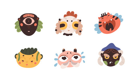 Alien avatars set. Creative fiction faces, spooky scary whimsical head portraits. Quirky monsters, ugly mascots in weird comic eerie style. Flat vector illustration isolated on white backgroundのイラスト素材