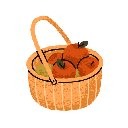 Basket filled with apples, autumn harvest. Fresh ripe natural garden fruits collected. Healthy vitamin seasonal organic food in wicker. Flat graphic vector illustration isolated on white backgroundのイラスト素材