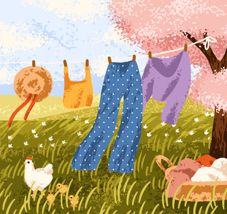 Laundry drying outdoors on clothesline in countryside. Fresh clothes hanging with clothespins, swaying in breeze. Rural nature, serene country landscape on summer day. Flat vector illustrationのイラスト素材