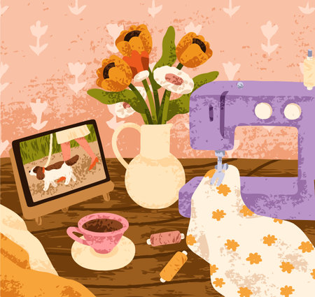 Sewing machine with fabric, textile and thread on table. Handmade craft, needlework, DIY, creative hobby at cozy home. Comfort leisure, stitching cloth, handcraft, handiwork. Flat vector illustrationのイラスト素材