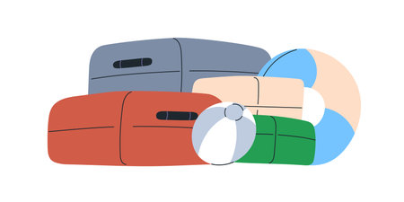 Baggage, luggage pile for summer holiday travel. Bags, beach supplies, swim ring and ball for...