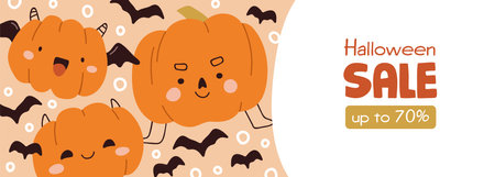 Halloween sale banner. Cute funny pumpkins and bats, October holiday shopping, promotion background design. Festive autumn discount, fall Helloween, ad promo template. Flat vector illustrationのイラスト素材