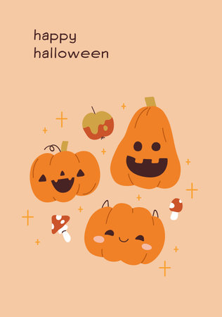 Happy Halloween, greeting card design. Cute smiling pumpkins, haunted creepy funny Jack-o-Lantern decorations. Festive October 31 postcard. Autumn holiday poster. Kids flat vector illustrationのイラスト素材