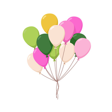 Balloons flying up, colorful bunch, tied with strings. Festive holiday decoration for birthday celebration. Air ballons, baloons bundle. Flat graphic vector illustration isolated on white backgroundのイラスト素材