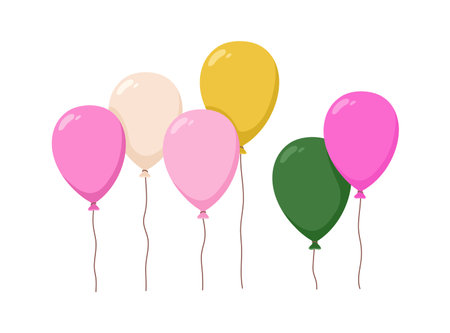 Air balloon flying up. Festive baloons in row. Holiday helium ballons on strings, ropes soaring, flying. Birthday decoration, ornament, gift. Flat vector illustration isolated on white backgroundのイラスト素材