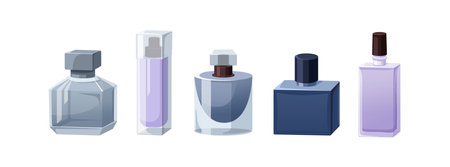 Perfume, fragrance bottles set. Scents, fragrant toilet water in glass vials, flasks. Aroma, eau de toilette. Perfumery collection. Flat cartoon vector illustration isolated on white backgroundのイラスト素材