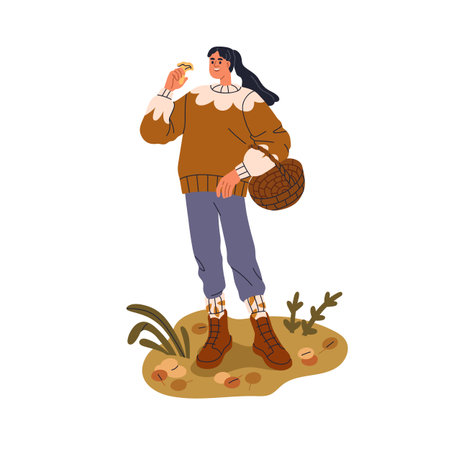 Woman picking, collecting mushrooms in fall forest. Happy female mushroomer gathering seasonal fungi, walking in autumn nature, carrying basket. Flat vector illustration isolated on white backgroundのイラスト素材