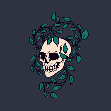 Skull with leaf vines, life and death symbol. Creepy mystical skeleton, scary spooky head bone in nature. Eerie retro-style horror, rebirth concept. Vintage hand-drawn graphic vector illustrationのイラスト素材