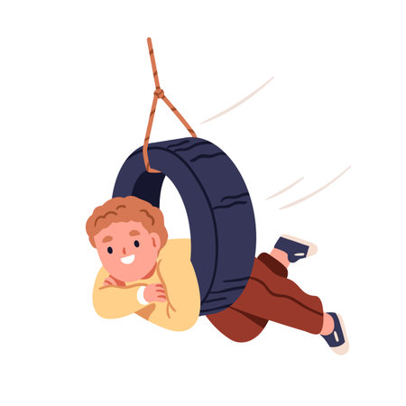 Boy playing on tire swing, smiling. Happy cheerful child enjoying outdoor fun activity, hanging on tyre on rope. Joyful excited playful cute kid. Flat vector illustration isolated on white backgroundのイラスト素材