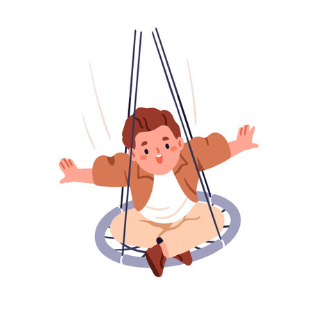 Happy kid on nest web swing, smiling with joy. Carefree excited child, joyful boy enjoying outdoor play, leisure on circle hanging on ropes. Flat vector illustration isolated on white backgroundのイラスト素材
