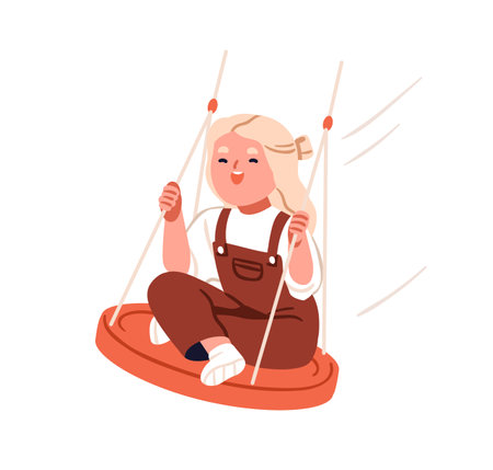 Happy girl swinging on round disc seat on ropes, enjoying outdoor entertainment. Joyful excited child, fun emotions. Kid character at playground. Flat vector illustration isolated on white backgroundのイラスト素材