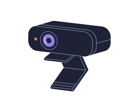 Webcam device for video streaming and online communication. Digital camera for live calls. Web cam, computer equipment, digital technology. Flat vector illustration isolated on white backgroundのイラスト素材