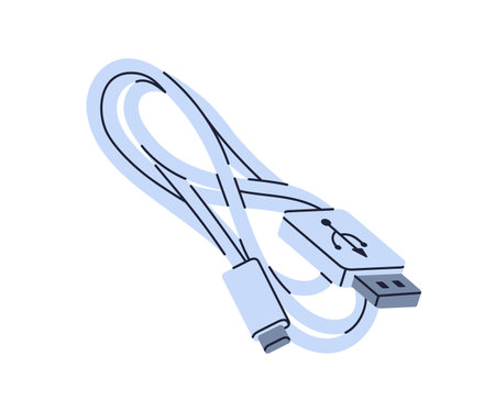 USB cable for charging, connecting devices. Coiled cord with adapter and type C connector for phones, computers. Tech power accessory, equipment. Flat vector illustration isolated on white backgroundのイラスト素材