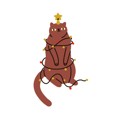 Cute funny cat tangled in Christmas lights, decoration. Festive feline tree. Kitty wrapped in Xmas holiday ornaments, star. Comic humorous flat vector illustration isolated on white backgroundのイラスト素材