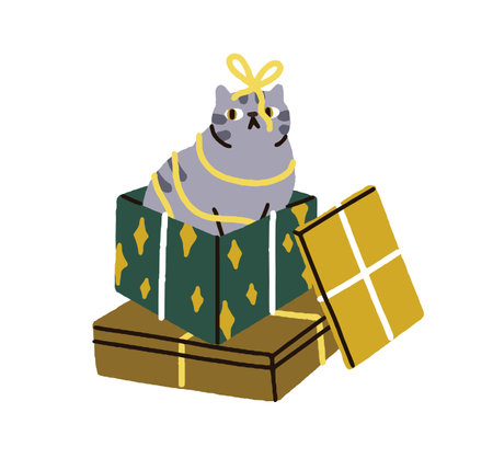 Cute cat sitting inside Christmas gift box. Playful kitty with ribbon bow, winter holiday fun. Funny feline hiding in present, festive surprise. Flat vector illustration isolated on white backgroundのイラスト素材