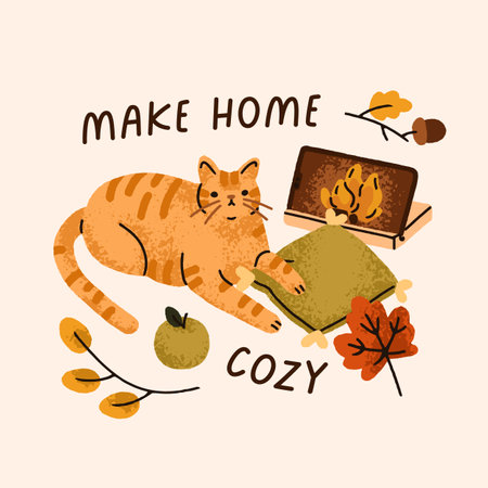 Cozy autumn card, home with cute cat enjoying by fireplace. Warm seasonal square background, postcard design. Hygge relaxing time, fall comfort with kitty, pillow and fire. Flat vector illustrationのイラスト素材