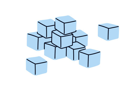 Ice cubes in stack. Frozen water blocks in pile, heap. Icy blocks for cool cold drinks. Clear crystal icecubes, square iceblocks composition. Flat vector illustration isolated on white backgroundのイラスト素材