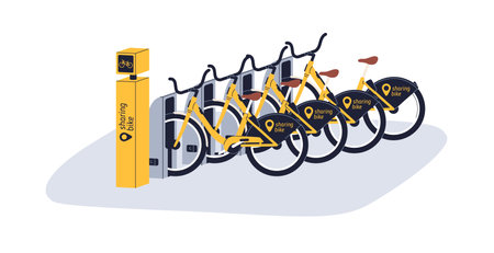 Bicycle rental sharing station. Eco-friendly city transport, bike rent service with docked cycles on parking area, place for public use. Flat vector illustration isolated on white backgroundのイラスト素材