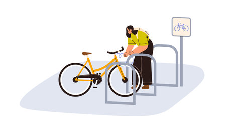 Bike parking lot, rack station in urban area. Cyclist locking bicycle outdoors for security, eco-friendly city transport. Safety cycle storage. Flat vector illustration isolated on white backgroundのイラスト素材