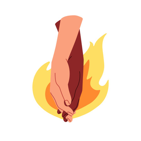 Holding hands and fire. Love, passion symbol. Bonding romantic relationship, affection concept. Affectionate passionate couple, hot energy. Flat vector illustration isolated on white backgroundのイラスト素材