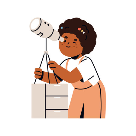 Girl with telescope, studying astronomy, observing stars, space. Happy African school kid learning in observatory. Child student stargazing. Flat vector illustration isolated on white backgroundのイラスト素材