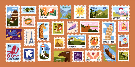 Post stamps set. Travel mail stickers, postage cards with world landmarks, landscapes, architecture, symbols of different countries. Postal souvenirs, philately. Isolated flat vector illustrationsのイラスト素材