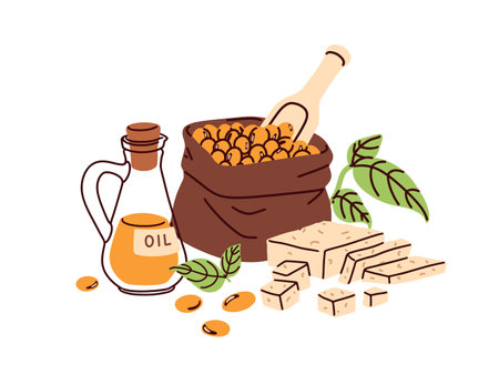 Soy products. Vegan and vegetarian food. Beans, soybeans in bag, tofu and oil, plant-based protein. Healthy veg produce, natural soya goods. Flat vector illustration isolated on white backgroundのイラスト素材