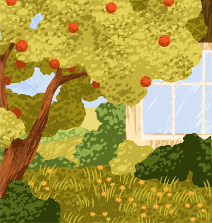 Garden with apple tree, grass. Fruit orchard in backyard. Peaceful rural landscape with green plants, flowers. Idyllic countryside, serene summer nature, country scenery. Flat vector illustrationのイラスト素材