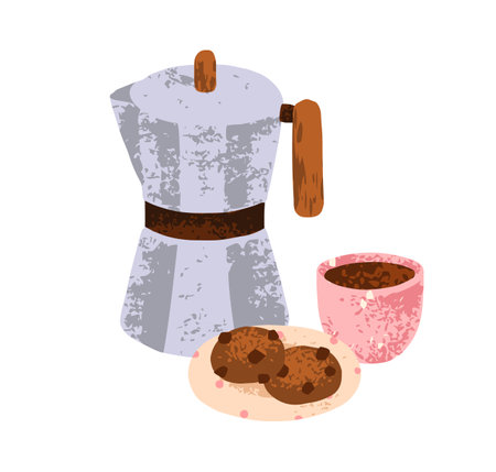 Coffee maker, moka pot, coffe cup, cookies. Brewed drink served with sweet dessert, biscuits. Cozy morning with Italian espresso from coffeemaker. Flat vector illustration isolated on white backgroundのイラスト素材