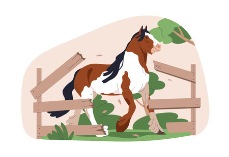 Runaway horse breaking fence. Mischievous stallion escaping to freedom. Disobedient equine behavior. Running away through broken barrier. Flat vector illustration isolated on white backgroundのイラスト素材