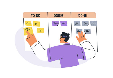 Task management with kanban planning board. Man tracking, controlling completion progress with notes. Work organization, productivity concept. Flat vector illustration isolated on white backgroundのイラスト素材