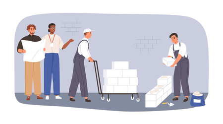 Building repairing workers at construction site. Builders, repairman team, bricklayer laying bricks, installing wall. Supervising renovation. Flat vector illustration isolated on white backgroundのイラスト素材