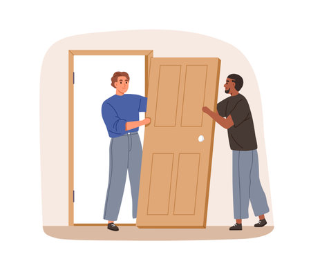 Door installation, replacement. Workers installing new entrance in home room during apartment repair, renovation. Replacing and upgrading. Flat vector illustration isolated on white backgroundのイラスト素材