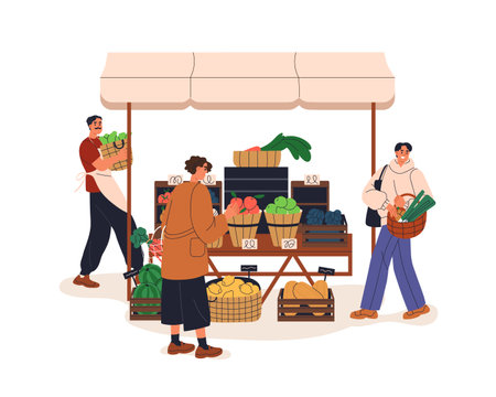 Customers at farmer market stall. Buyers choosing farm produce, fruits and vegetables. Vendor selling local food products in outdoor kiosk. Flat vector illustration isolated on white backgroundのイラスト素材